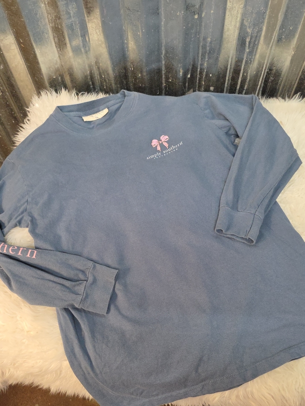 Simply Southern Dusty Blue Long-Sleeve Kids Long Sleeve Tee with Pink Bow Accent